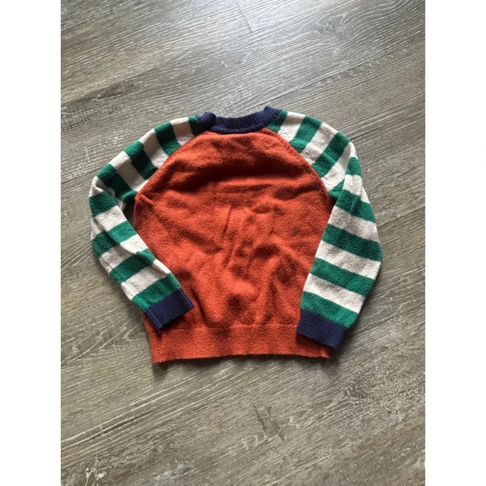 Cc4 Mini Boden Kids Orange Fox Face Intarsia Knit Sweater Striped Sleeves 4-5Y